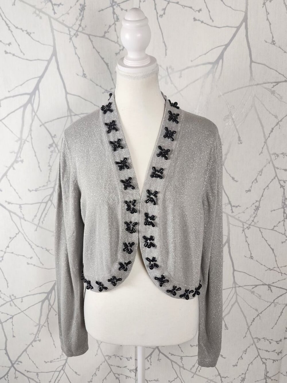 Lennie Nina Leonard Silver Metallic Knit Beaded Shrug Cardigan